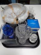 A tray containing glassware to include Art Deco light shade, vases,