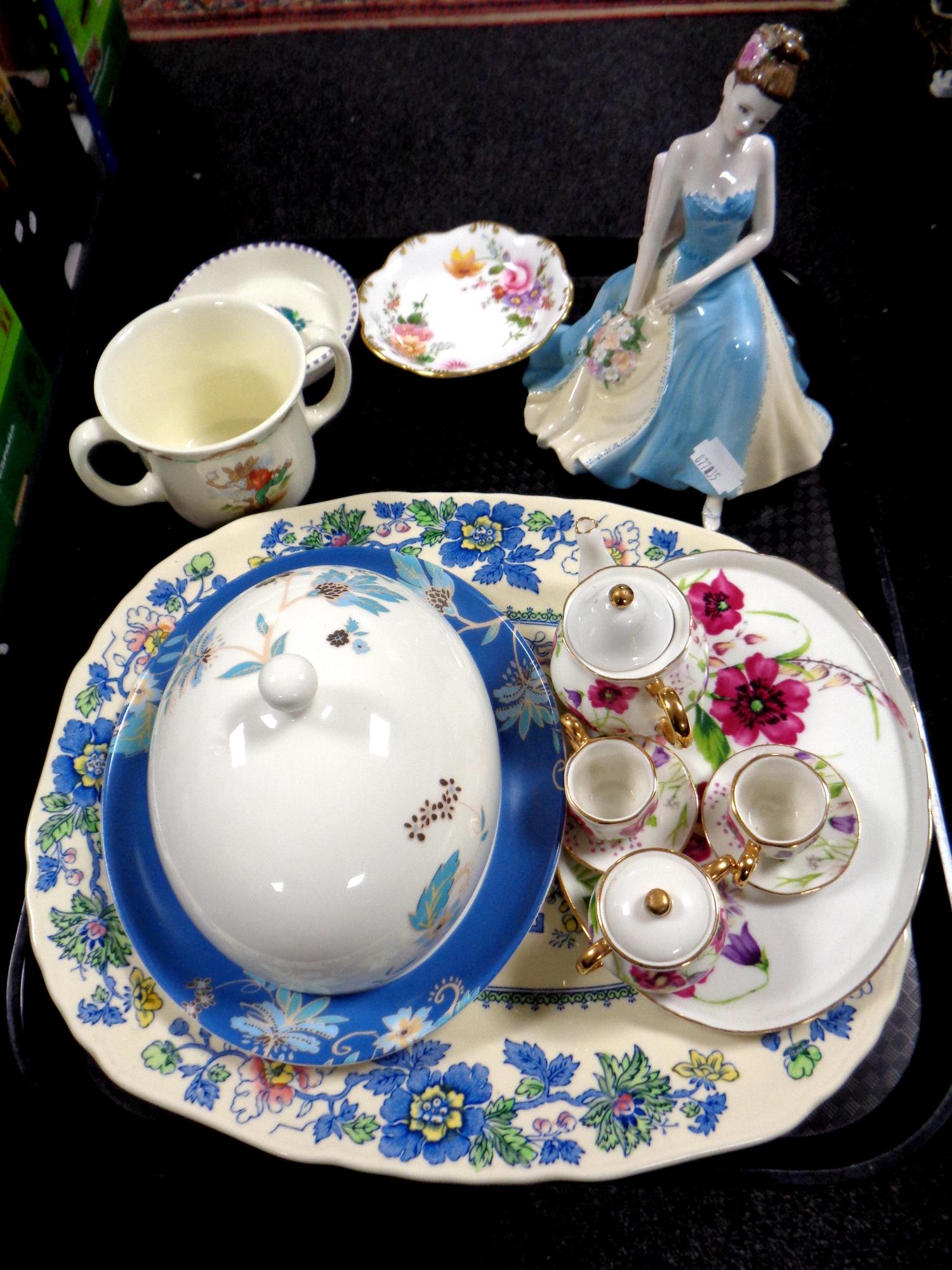 A tray of assorted china to include Masons meat plate, Royal Crown Derby and Poole dish,