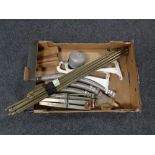 A box containing miscellany to include brass stair rods, pair of cast iron wall brackets,