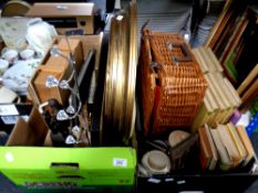 Two boxes of miscellaneous items to include wicker cased picnic set,