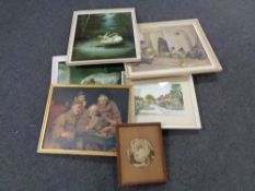 A group of pictures and prints including H Leary watercolour, village scene,
