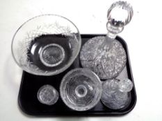 A tray containing glassware to include lead crystal cut glass ship's decanters, bowl,