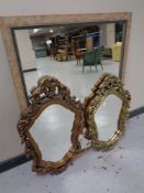 A contemporary framed mirror together with two gilt chalk framed mirrors