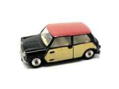 Corgi 227 Morris Mini Cooper die cast car, black body with red roof, gold wicker work decal doors,