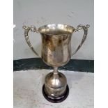 A silver plated twin handled trophy on wooden stand, height 34.