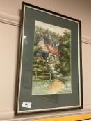 B Groves : A lady by a cottage, watercolour,