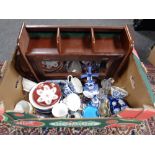 A box containing curio cabinet, miscellaneous china, Delft pieces,