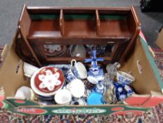 A box containing curio cabinet, miscellaneous china, Delft pieces,