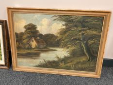 Continental school : A thatched cottage by a river, oil on canvas,