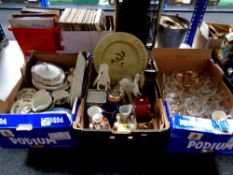 Three boxes of antique & later tea and dinner ware, figures, animal figures, mantel clocks,