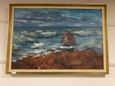 Continental school : Waves crashing on rocks, oil on canvas,