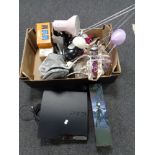 A box of assorted electricals to include Playstation 3, telephone sets,