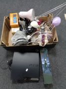 A box of assorted electricals to include Playstation 3, telephone sets,