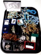 A tray containing quantity of assorted costume jewellery, scissors,