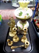 A tray of pair of brass figures, candlesticks, brass wares,