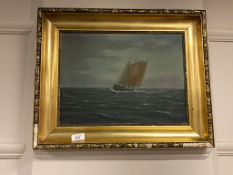 P Toft : A fishing boat in choppy water, oil on canvas, 39 x 29, signed,