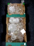 Two boxes containing a large quantity of assorted glassware to include decanter with stopper,