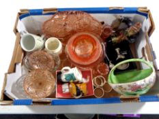 A box containing miscellaneous to include pink glass dressing table set, ornaments,