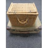 A wicker case together with a further vintage canvas case