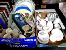 Two boxes of miscellaneous ceramics to include part English china tea services, dinner plates,