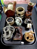 A tray containing nine late 20th century pieces of studio pottery,