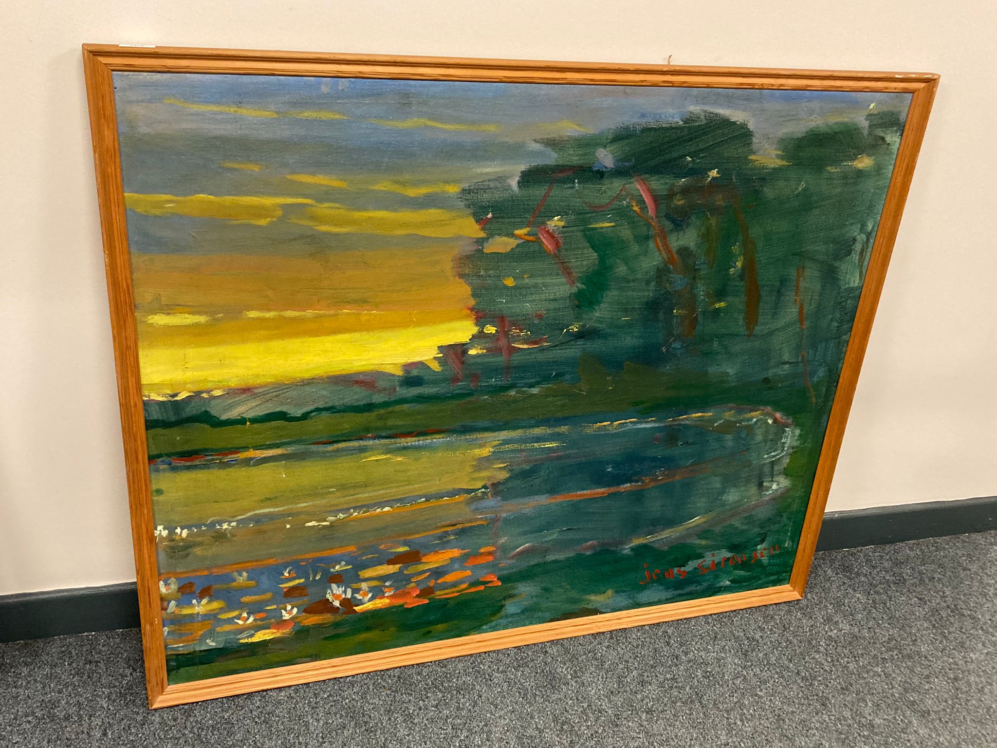 Continental school : Sunset by a lake, oil on canvas,