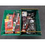 Two boxes of new tools to include chisel sets, woodworking planes, drill bits,