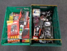 Two boxes of new tools to include chisel sets, woodworking planes, drill bits,