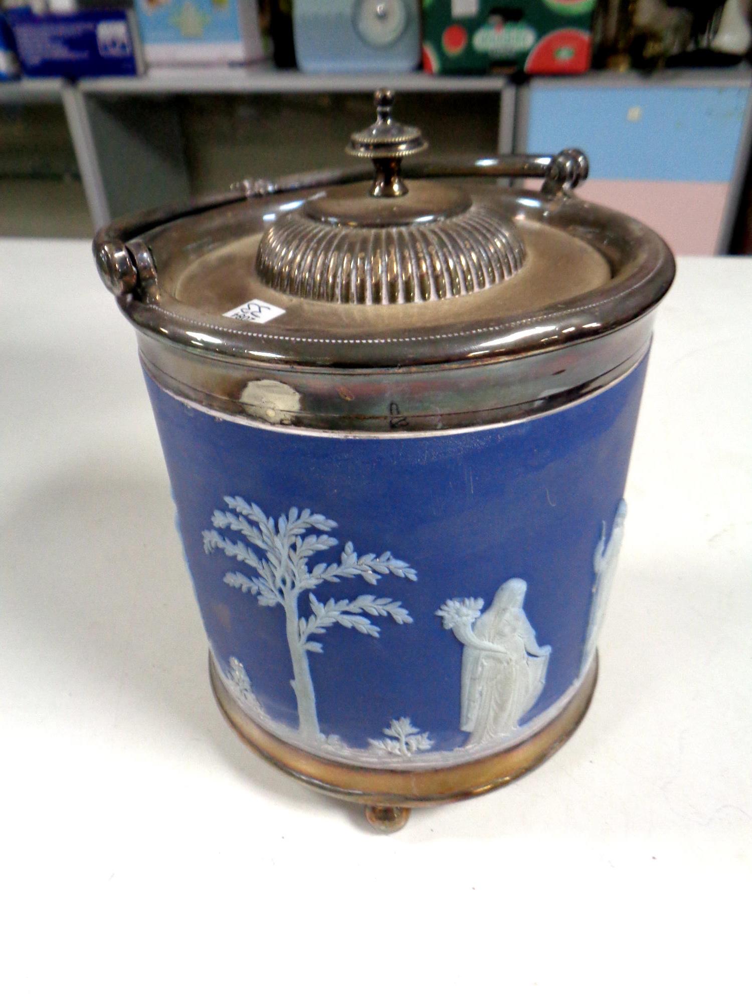 A Wedgwood jasperware and silver plated lidded biscuit barrel