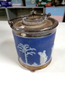 A Wedgwood jasperware and silver plated lidded biscuit barrel