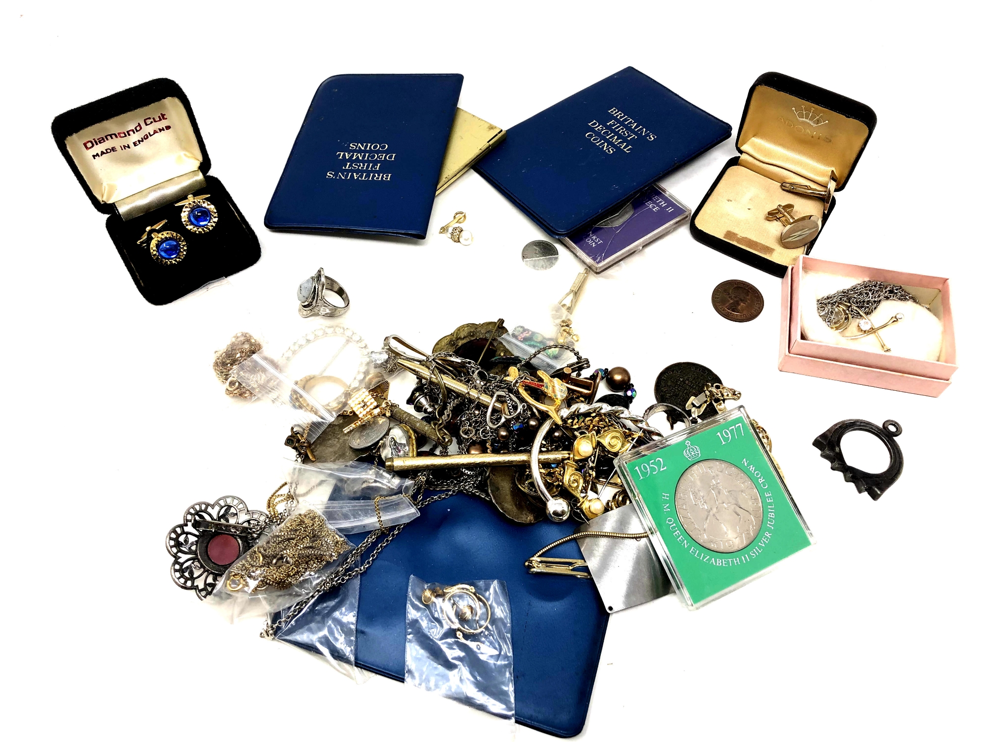A quantity of costume jewellery, decimal coin sets,