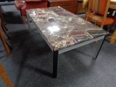 A continental rectangular marble topped coffee table on metal base