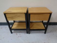 A pair of contemporary metal framed bedside tables fitted a drawer in an oak finish