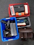Three boxes and case of assorted cameras, camera equipment,