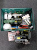 A box of power tools, hand tools and hardware to include electric staple gun, sander,