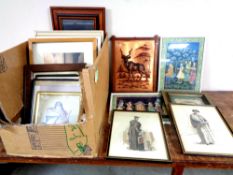 A box of assorted pictures and prints, copper relief panel depicting a gazelle, Indian school,