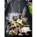 A tray containing miscellaneous to include glassware, chrome barley twist candlesticks,