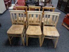 Six pine church chairs,