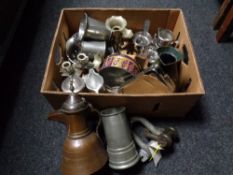 A box of antique and later metal wares to include eastern copper kettle, tankards, plated wares,