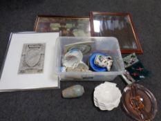 A box of part Art Deco tea services, shell dishes, art glass dish,