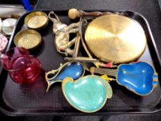 A tray of brass dinner gong with beater, eastern brass trays,