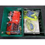 Two crates containing new tools to include chisel sets, drill bits, rasp, safety harnesses,