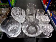 A tray of assorted lead crystal cut glass ware to include etched water jug, bowl,