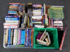 Five boxes and crates containing assorted books, coffee table volumes, paper back novels,