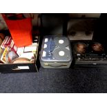 Two cased reel to reel players by Philips and Tandberg and a box containing a larger quantity of
