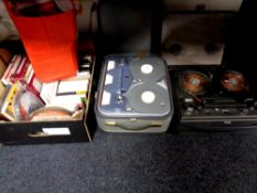 Two cased reel to reel players by Philips and Tandberg and a box containing a larger quantity of