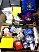 Two boxes containing a large quantity of boxed and unboxed Ringtons china, novelty teapots,
