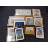A box of assorted framed pictures and prints to include nursery prints,