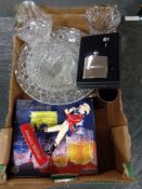 A box of assorted glass ware to include boxed Luxhen decanter and glass set, boxed hip flask,