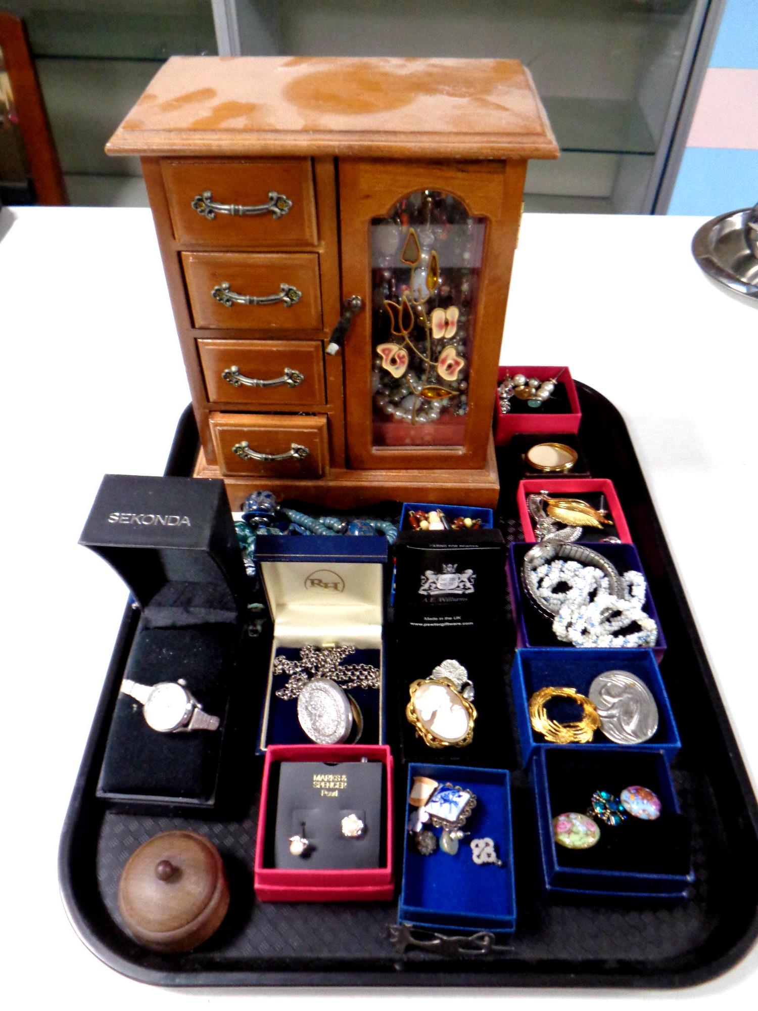 A tray containing jewellery box, quantity of costume jewellery, cameo brooch,